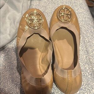 Tory Burch Tan Leather Flats with Gold Medallion